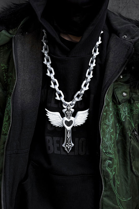 Angel Cross Pendant – Silver Wings Fantasy 3D Printed Necklace by Koan Asaky