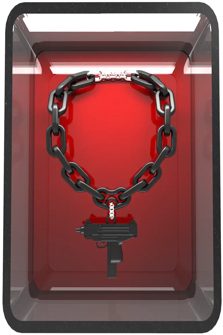 Red 3D box containing the black Uzi chain