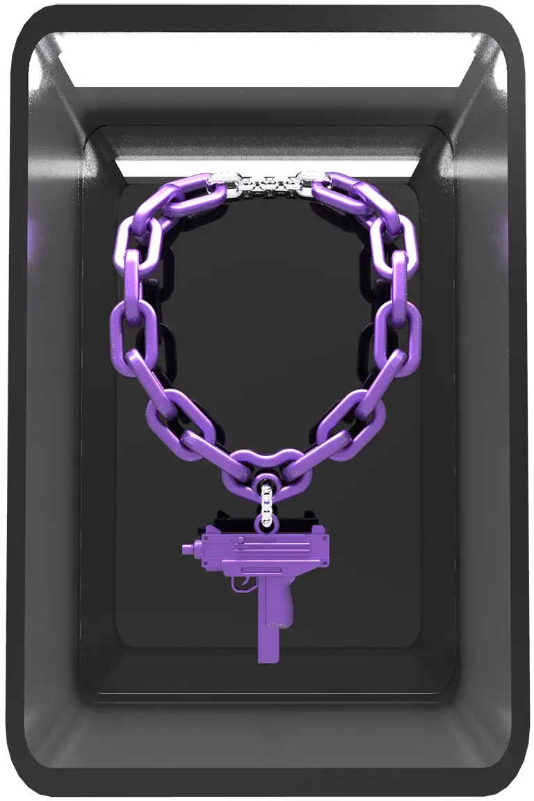 Dark 3D box containing the purple Uzi chain