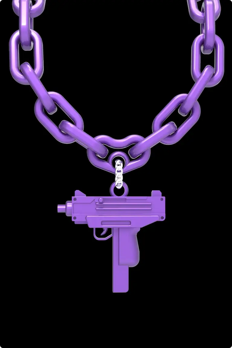 Zoom on the details of the purple Uzi chain